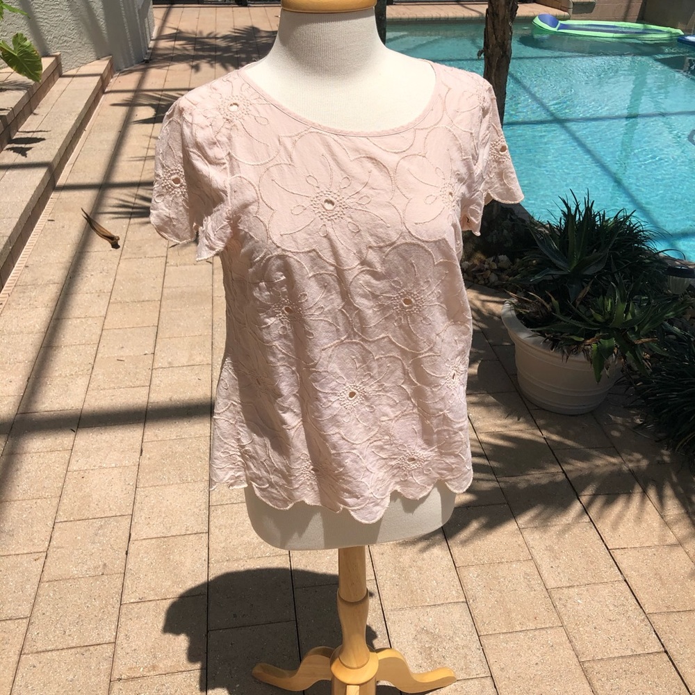 LOFT pink embroidered floral top medium